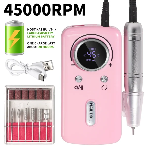 45000RPM Nail Drill Machine Electric Portable Nail File Rechargeable Nail Sander for Gel Nails Polishing For Home Manicure Salon - Image 8