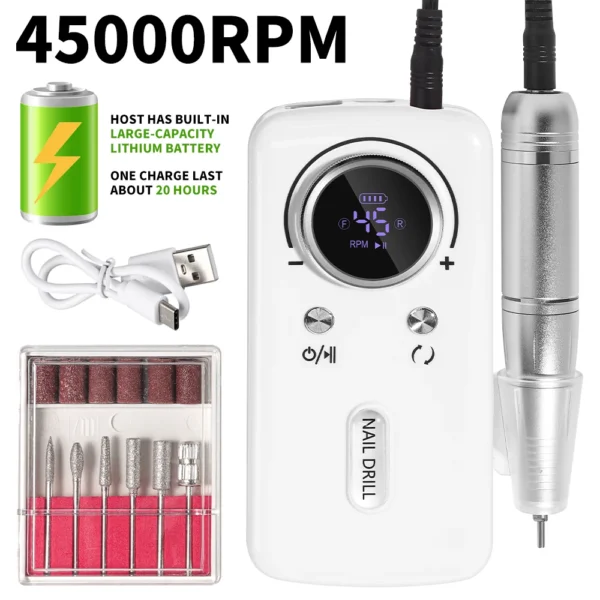 45000RPM Nail Drill Machine Electric Portable Nail File Rechargeable Nail Sander for Gel Nails Polishing For Home Manicure Salon - Image 7